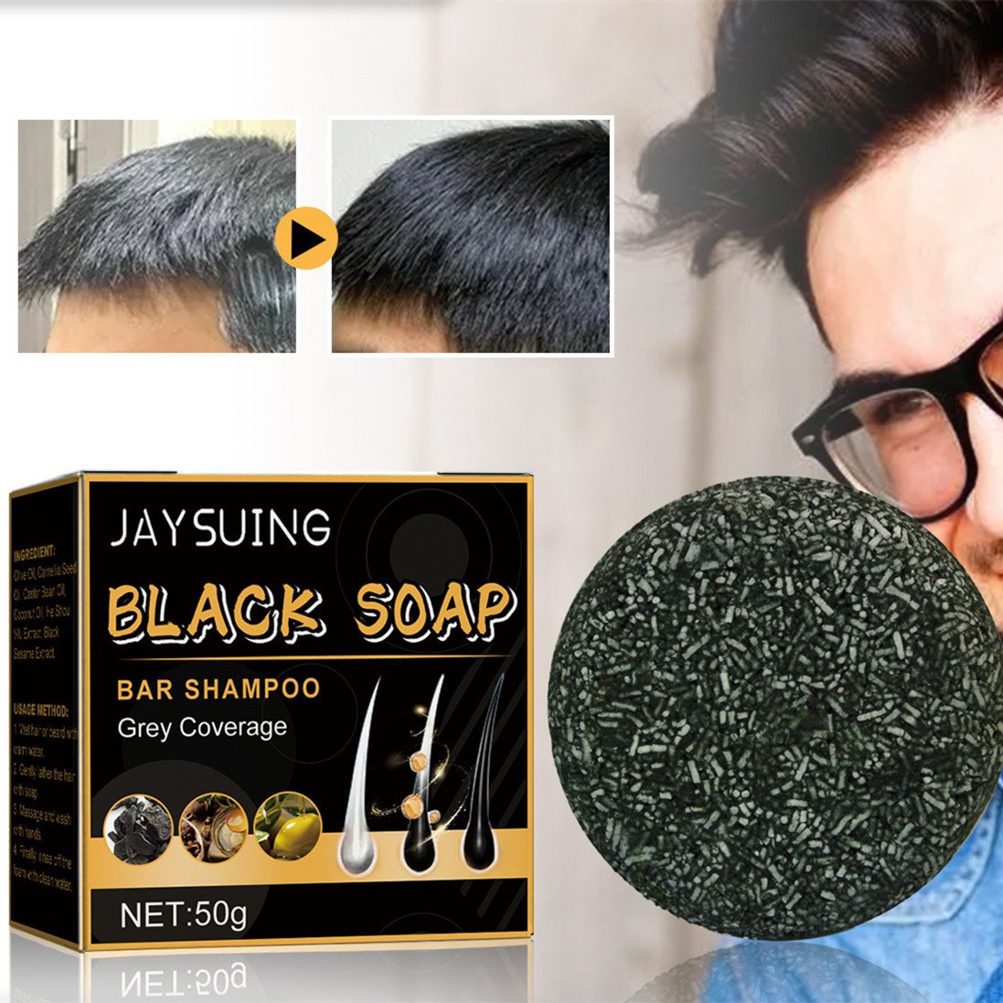 JAYSUING Black Soap Bar Shampoo for Grey Coverage