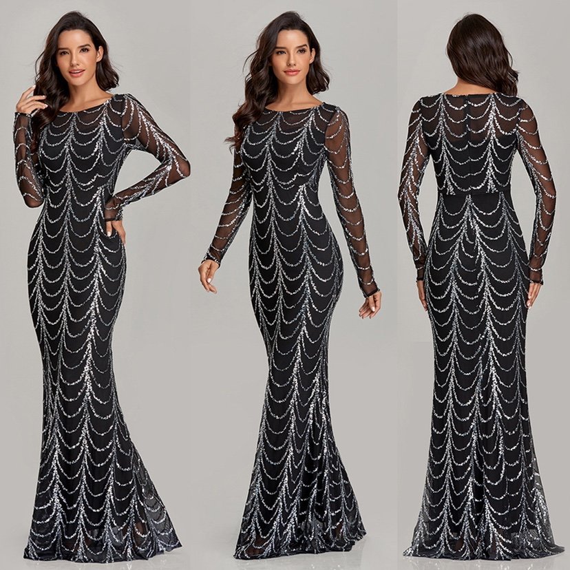 Black Gold Sequin Evening Dress Glamour Redefined - M, Figure1