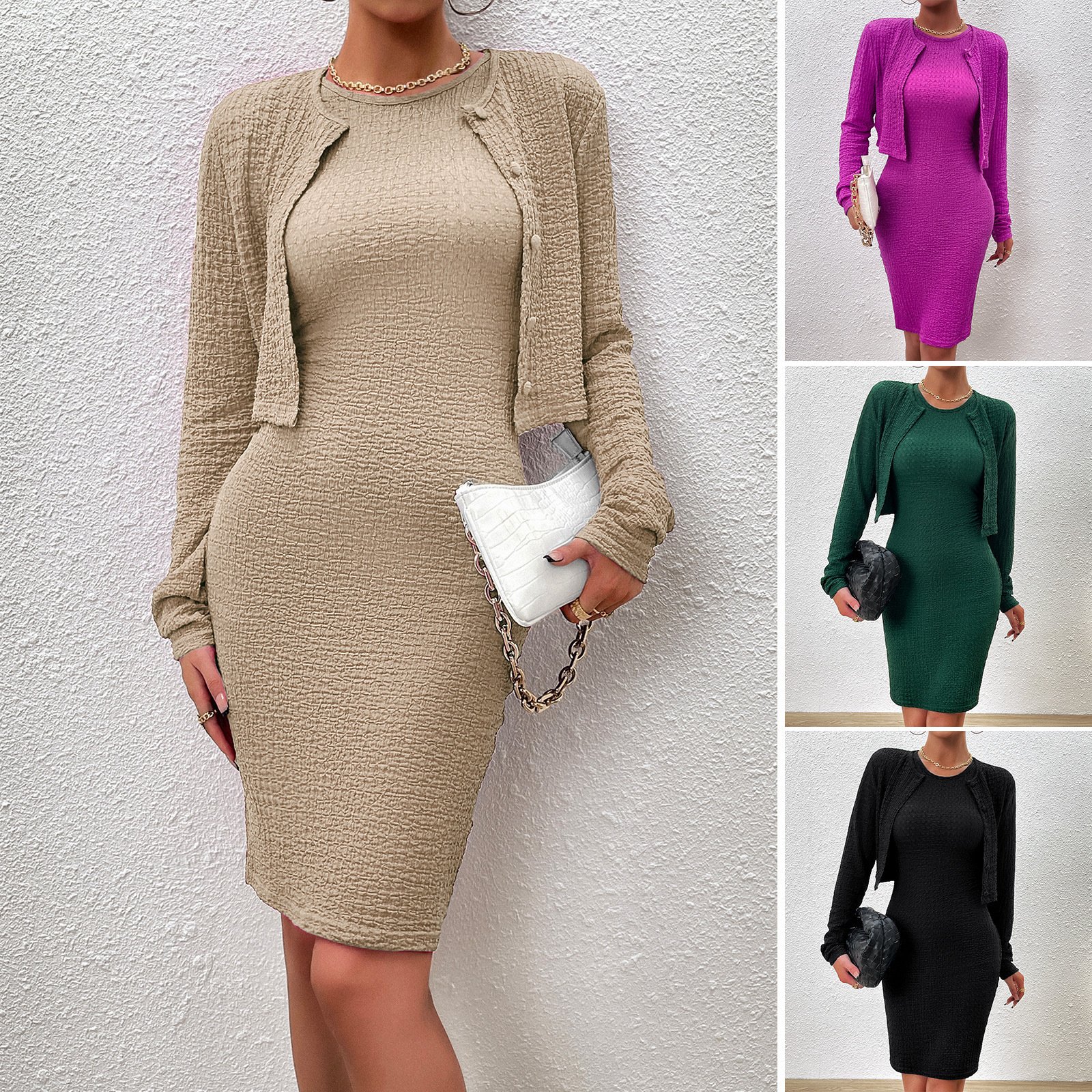 Long Sleeves Top Round Neck Sheath Dress Suit