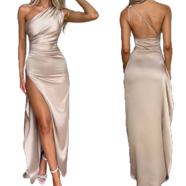 One-shoulder Pleated Split Sexy Satin Dress Elegant Slim-fit Solid Color