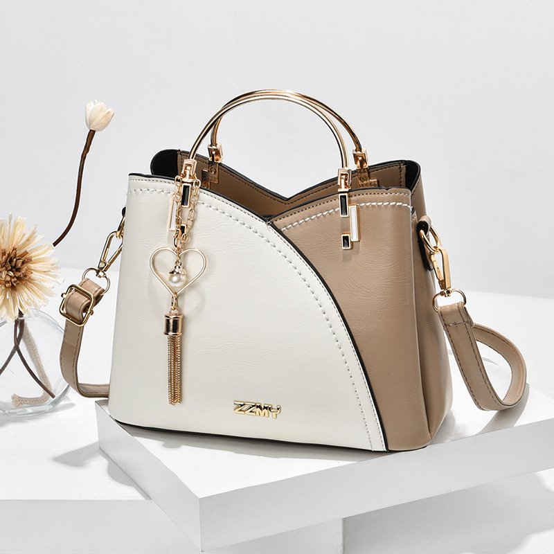 Color Block Handbag Love Tassel Decor Crossbody Bags For Women - White with khaki