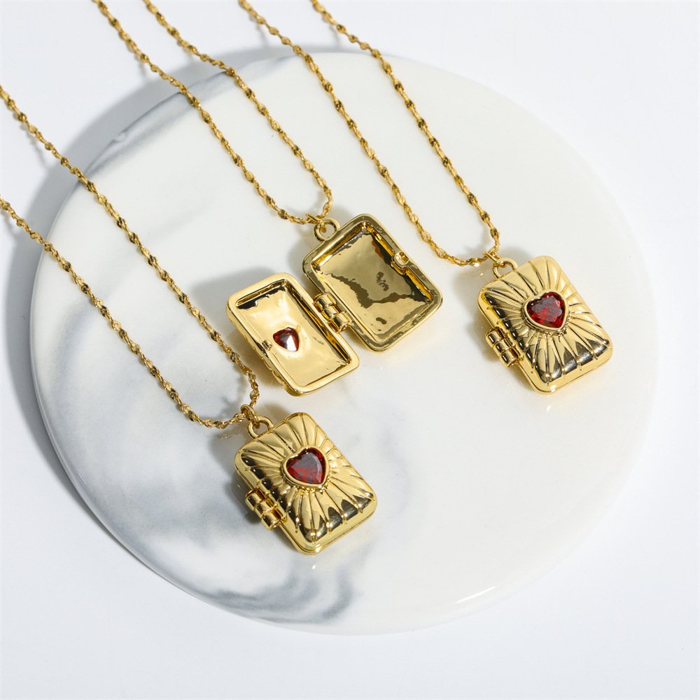 Elegant 14K Gold-Plated Book Pendant Necklace with Zirconia Detail