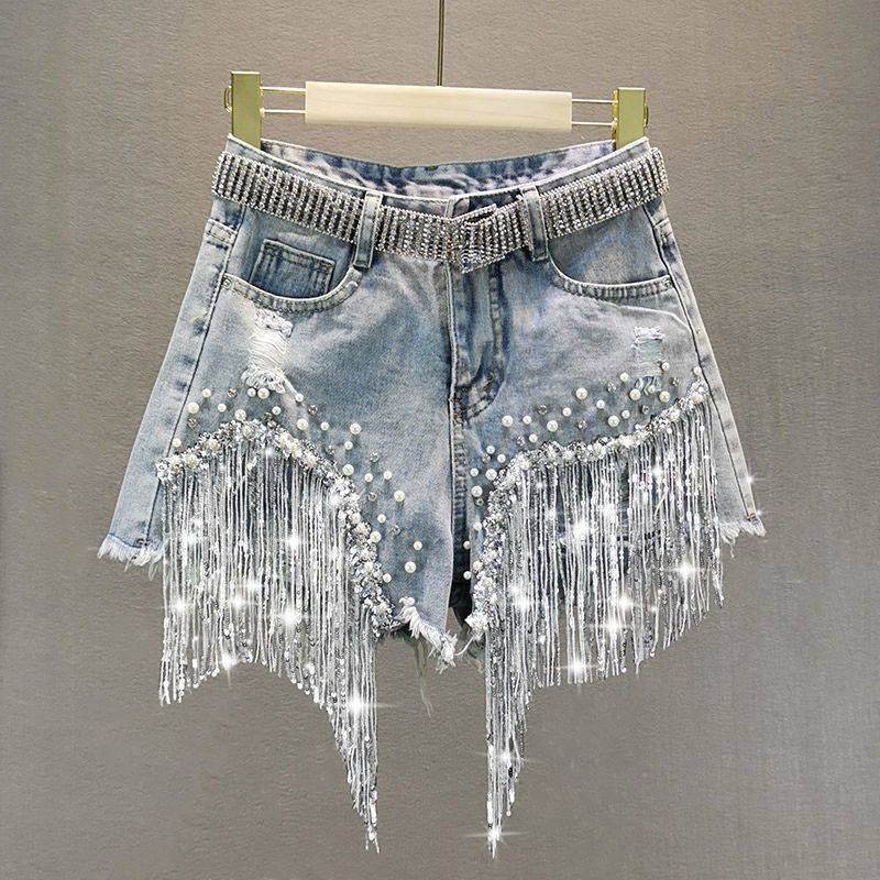 Glitz & Denim Embellished Beaded Sequined Jean Shorts - 2XL, Photo Color