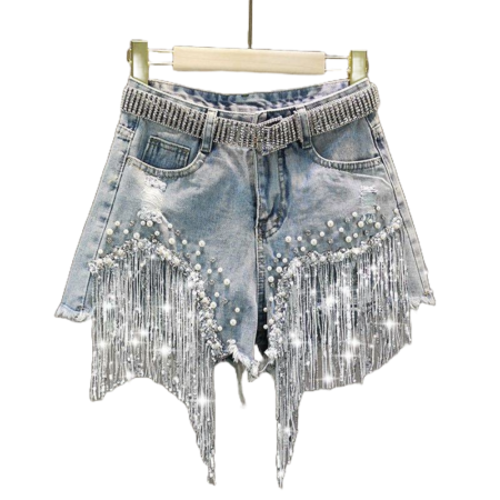 Glitz & Denim Embellished Beaded Sequined Jean Shorts