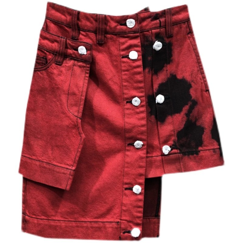 Red Denim Charm Skirt Classic Button-Front