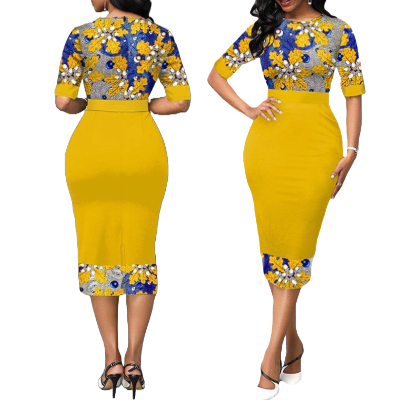 Floral Yellow Print Slim Mid-Waist Pencil Dress