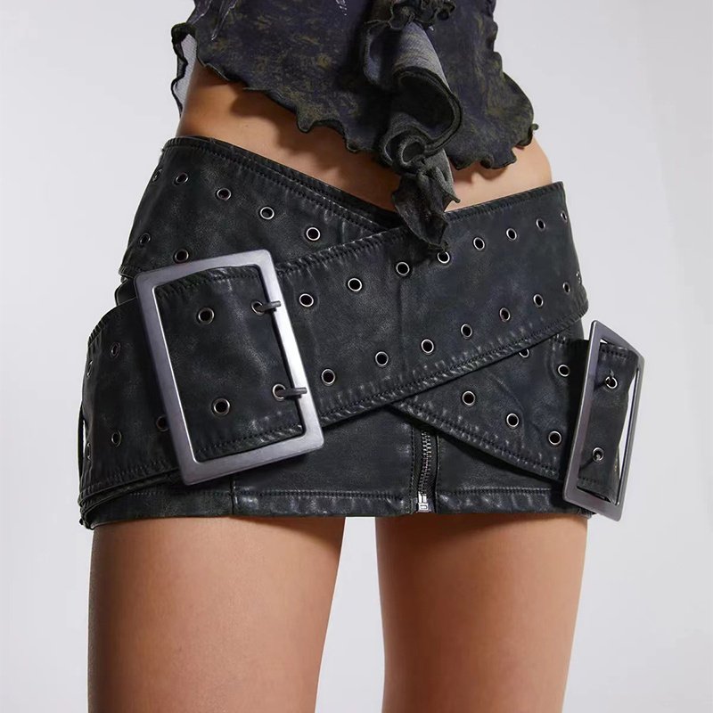 Vintage Worn Cross Belt Leather Hip Wrap Mini Skirt.