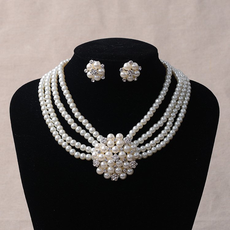 Multi-Strand Pearl Necklace and Earrings Set Bridal Chain