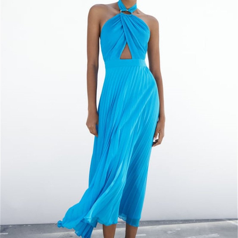 Cross-halter Neck Backless Pleated Dresses