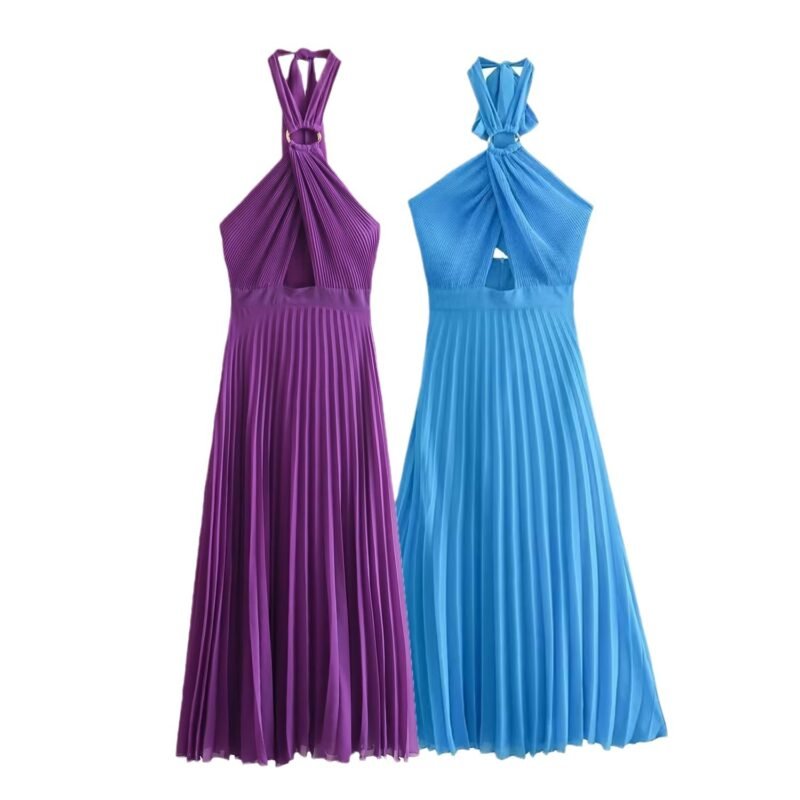 Cross-halter Neck Backless Pleated Dresses