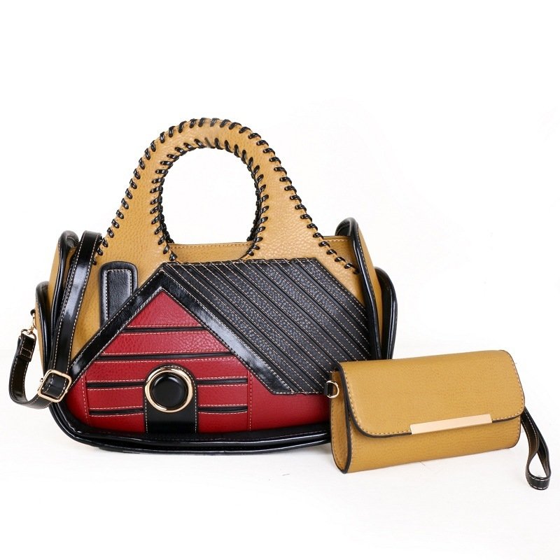 Fashion-Forward PU Leather Patchwork House Pattern Handbag Set